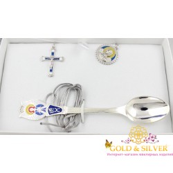 Серебряный набор для крестника (ложка, крестик, подвес) в коробке 990101а